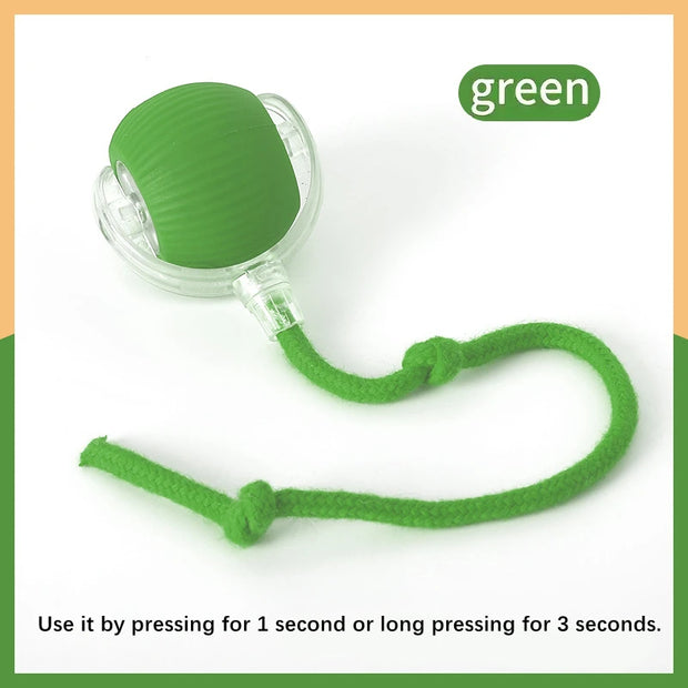 Green Automatic Obstacle Avoidance Pet Toy Ball with a rope, labeled 'green', on a white background.