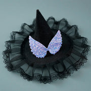 Black Halloween Witch Hat Collection with sheer black lace and blue sequin wings on a light gray background