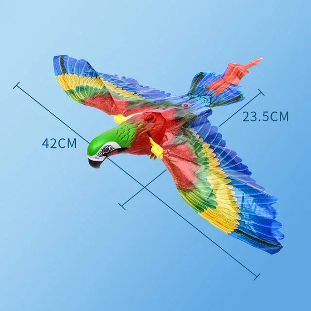 Colorful Electric Flying Bird Cat Toy with measurements on a blue background