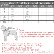Dog Winter Jacket with Hood size chart with measurements in centimeters and inches, including a diagram of how to measure a dog.