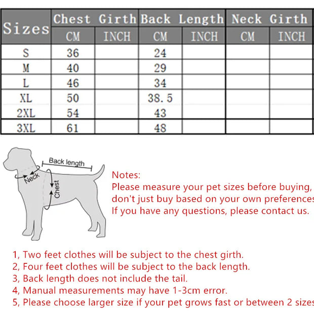 Dog Winter Jacket with Hood size chart with measurements in centimeters and inches, including a diagram of how to measure a dog.