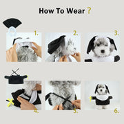 Step-by-step guide on how to put on a Nun Pet Costume, with images of a dog being dressed and text indicating steps.