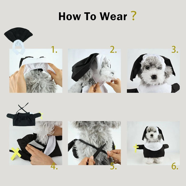 Step-by-step guide on how to put on a Nun Pet Costume, with images of a dog being dressed and text indicating steps.