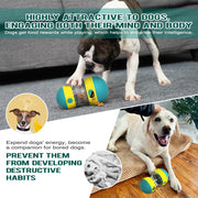 Interactive Treat Dispensing Dog Toy, text about engaging dogs' mind and body, and preventing destructive habits.