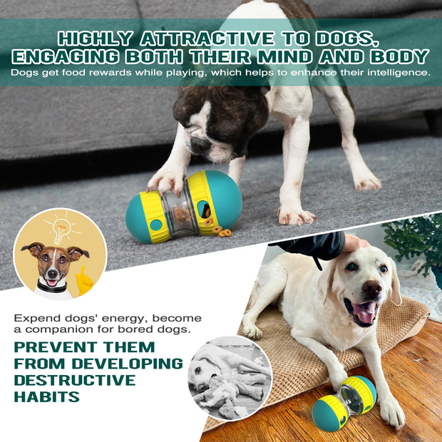 Interactive Treat Dispensing Dog Toy, text about engaging dogs' mind and body, and preventing destructive habits.