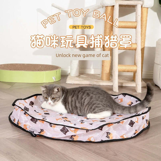 Cat lying on a Interactive Cat Toy with Smart Obstacle Avoidance with text about pet toys and games.