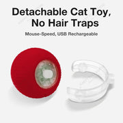Red and clear Electric Rolling Cat Toy Ball with text about detachability, no hair traps, mouse-speed, and USB rechargeability on a white background.
