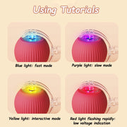Instructions for using a Rechargeable pet Toy Ball with Mode and Obstacle Avoidance device with different light colors and modes on a beige background.