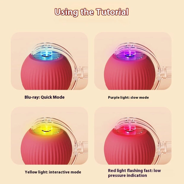 Instructions for using a Automatic Moving with LED Light Cat Toy Ball device with different light modes on a beige background