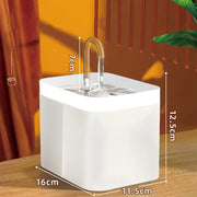 White ceramic Modern Pet Water Fountain sink with gold faucet on a wooden surface, measurements indicated.