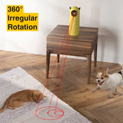 Yellow Little Devil Automatic Infrared LED Laser Cat Toy laser pointer on a table with red beams pointing at a cat and dog, labeled '360° Irregular Rotation'.