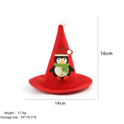 Pet Santa Hat Christmas Costume for Dogs And Cats with a penguin decoration and measurements on a white background
