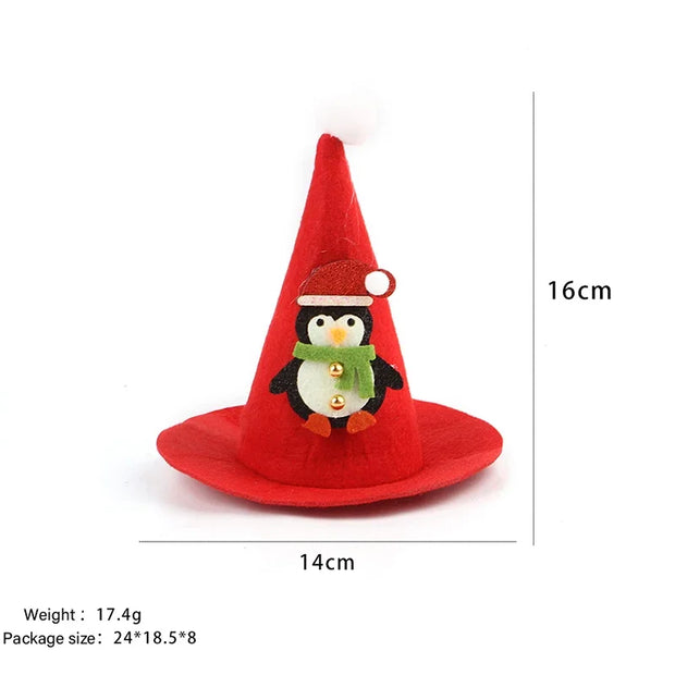 Pet Santa Hat Christmas Costume for Dogs And Cats with a penguin decoration and measurements on a white background