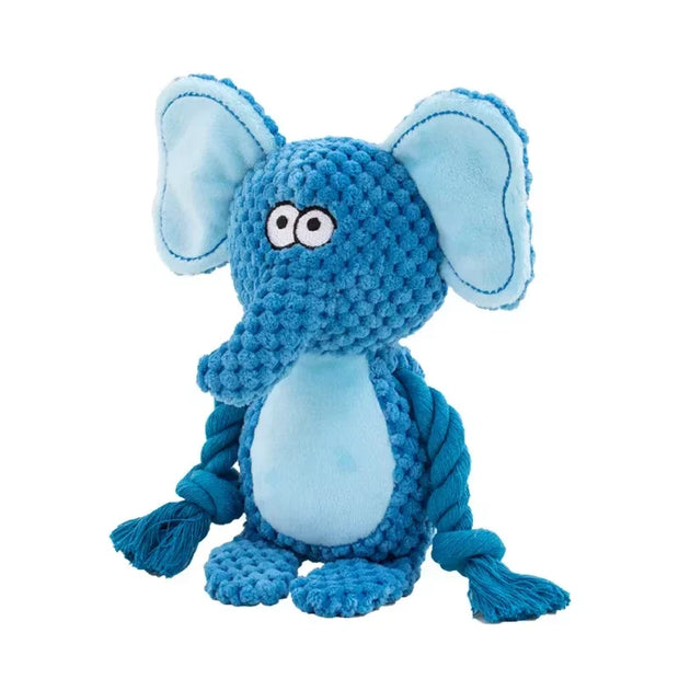 Blue elephant Dog Plush Rope Toys with knotted legs on a white background