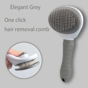 Pet Grooming Brush with One Click Hair Removal mechanism on a gray background