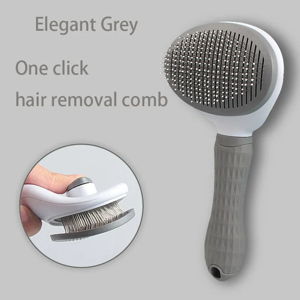 Pet Grooming Brush with One Click Hair Removal mechanism on a gray background