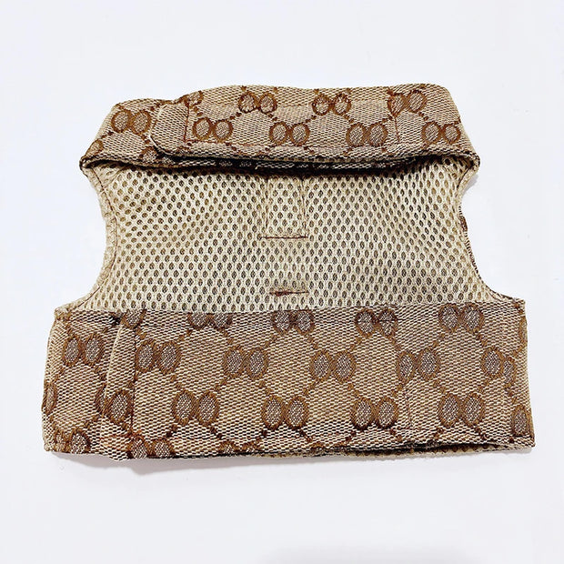 Beige and brown patterned Luxury Pet Outfit Harness Vest And Dress Set on a white background