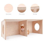Wooden Hamster Hideout House with Dual Compartments pet playpen with a hamster inside, showing different wood finishes.