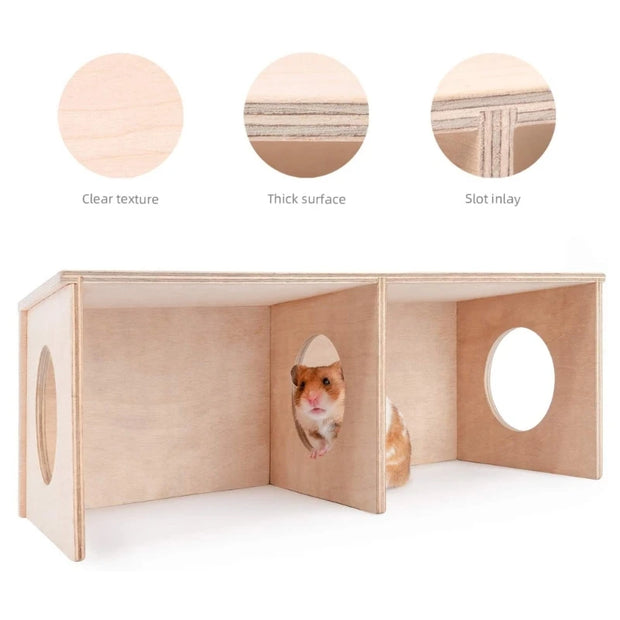 Wooden Hamster Hideout House with Dual Compartments pet playpen with a hamster inside, showing different wood finishes.