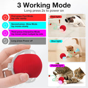 Electric Rolling Cat Toy Ball with three working modes and images of a cat interacting with it.
