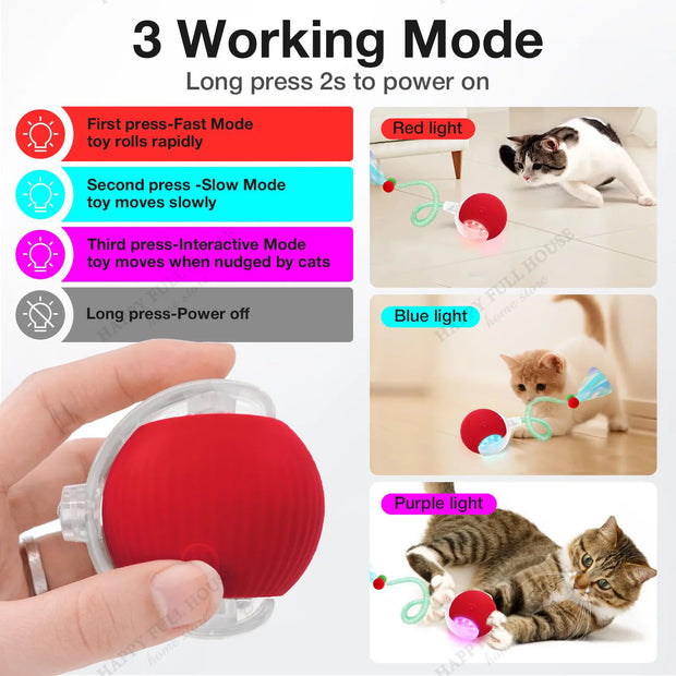 Electric Rolling Cat Toy Ball with three working modes and images of a cat interacting with it.
