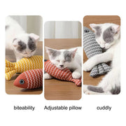Three images of a cat interacting with different types of Catnip Fish Plush Toy on a wooden surface.