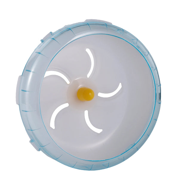 Clear plastic Hamster Exercise Wheel with a yellow center on a white background