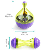 Transparent yellow and purple Shaking Q Pet Treat Dispenser Toy with measurements on a white background