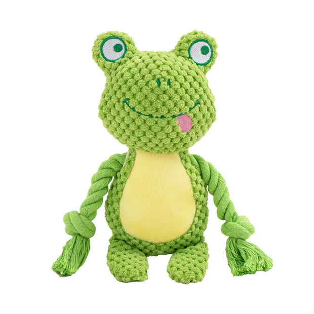 Green frog-shaped Dog Plush Rope Toys with a yellow belly on a white background