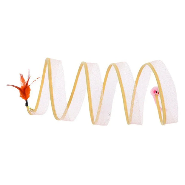 Spiral Interactive Spiral Cat Toy Spring Tunnel with Plush Mouse with feathers on a white background