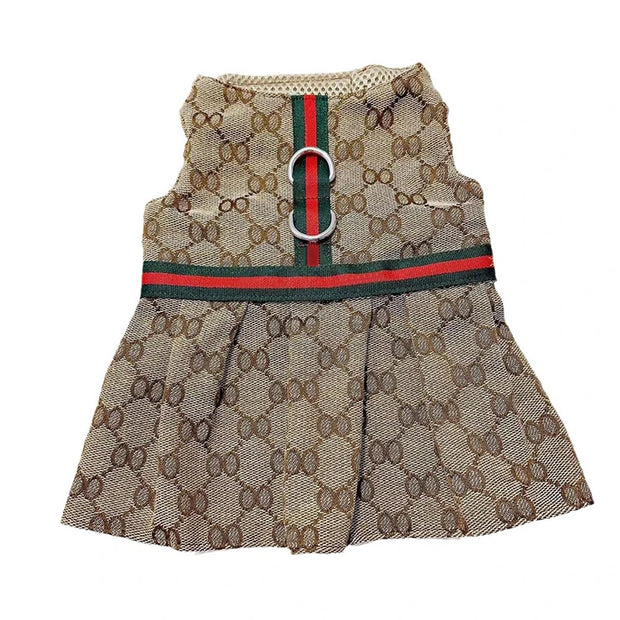 Luxury Pet Outfit Harness Vest And Dress Set with Gucci-like pattern and red and green stripe on a white background