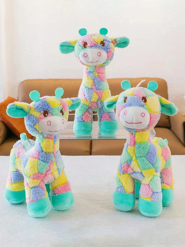 Three colorful Plush Giraffe Dog Toy on a white surface with a blurred background