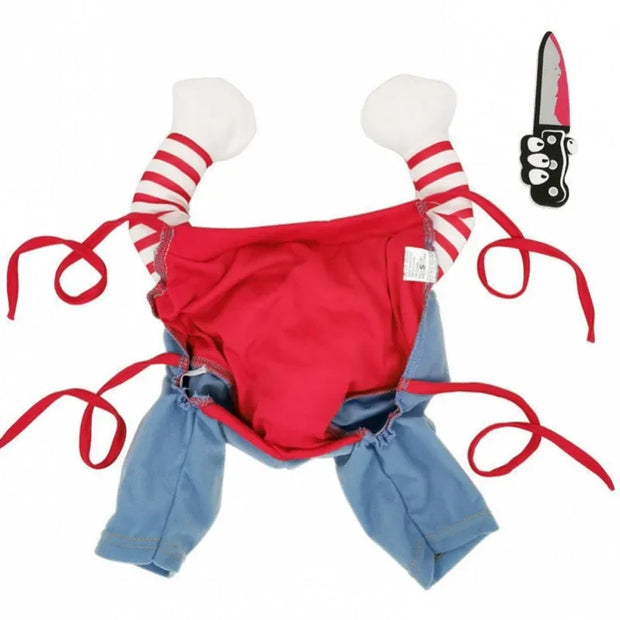 Red Killer Doll Pet Costume with blue pants and white socks on a white background