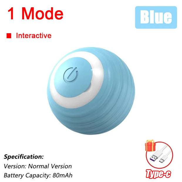 Blue Rechargeable pet Toy Ball with Mode and Obstacle Avoidance with charging cable icon on a white background