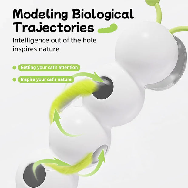White and green Caterpillar Interactive Cat Toy with text about modeling biological trajectories and inspiring nature.