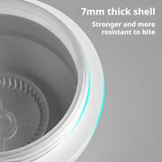 Close-up of a Rechargeable Interactive Pet Toy Ball 300mAh with text highlighting its 7mm thick shell and strength on a gray background.