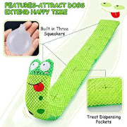 Green caterpillar-shaped Plush Frog Dog Toy with text highlighting features on a white background