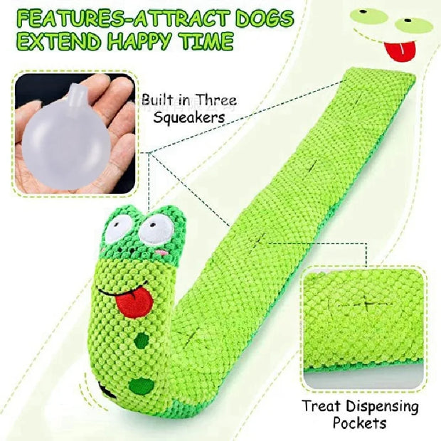 Green caterpillar-shaped Plush Frog Dog Toy with text highlighting features on a white background