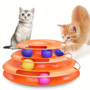 Colorful Cat Turntable Toy ball and two cats interacting with it on a white background