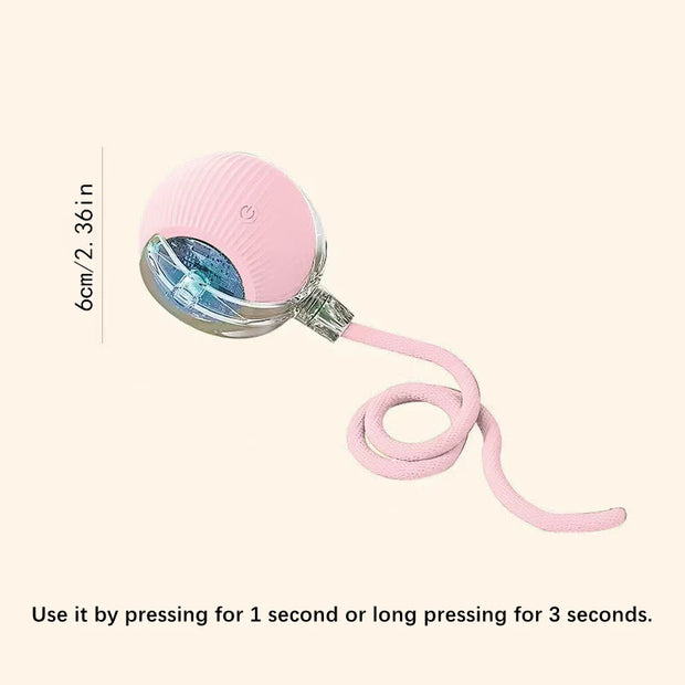 Pink Automatic Obstacle Avoidance Pet Toy Ball magnifying glass with a retractable cord on a white background