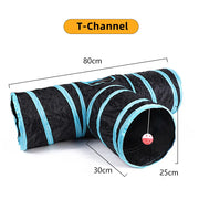 Collapsible Cat Tunnel Toy with T-channel design, black and blue color scheme, and measurements on a white background.
