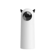 White Little Devil Automatic Infrared LED Laser Cat Toy with black circular feature and small black horns on a white background