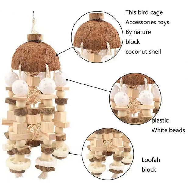 Natural Bird Cage Toy accessory  made of coconut shell, plastic beads, and loofah block with close-up details on a white background.