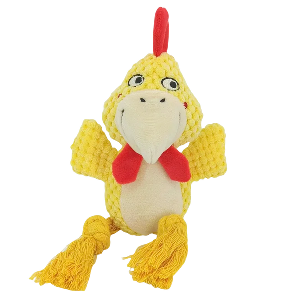 Yellow Dog Plush Rope Toys with a red bow tie on a white background