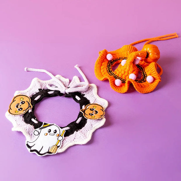 Two Pet Halloween Knitted Collar ties on a purple background