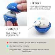 Instructions for using a blue Automatic Obstacle Avoidance Pet Toy Ball with charging port and light indicators.