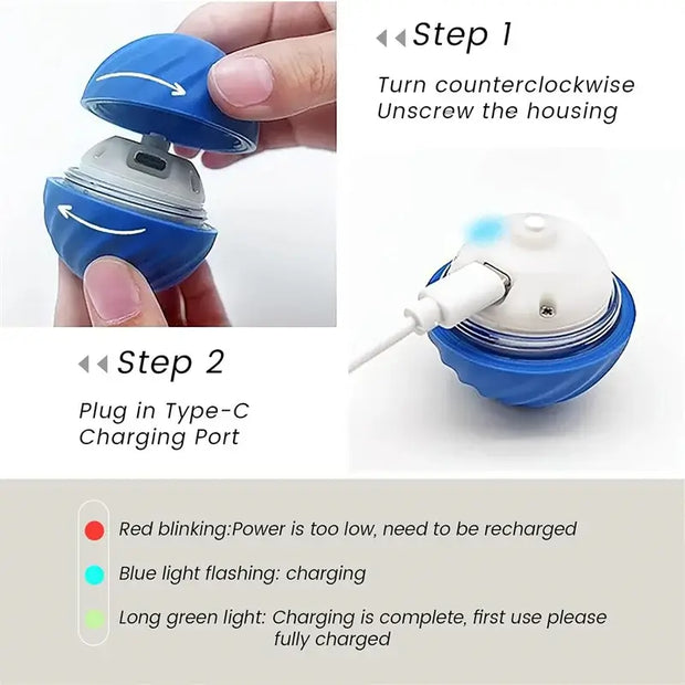 Instructions for using a blue Automatic Obstacle Avoidance Pet Toy Ball with charging port and light indicators.