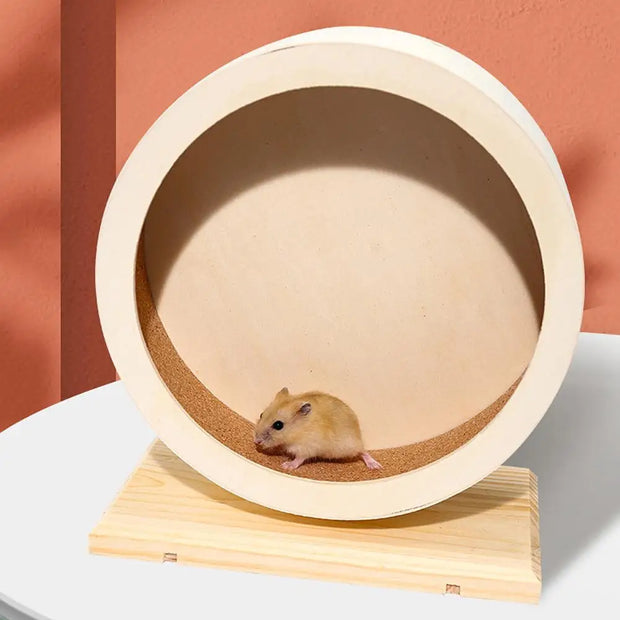 Small animal inside a round Wooden Exercise Wheel enclosure on a gradient background