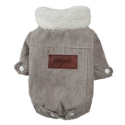 Corduroy Dog coat with white fur hood and brown corduroy body on a white background