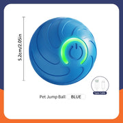 Blue Automatic Obstacle Avoidance Pet Toy Ball with green power symbol and cable icon on a white background